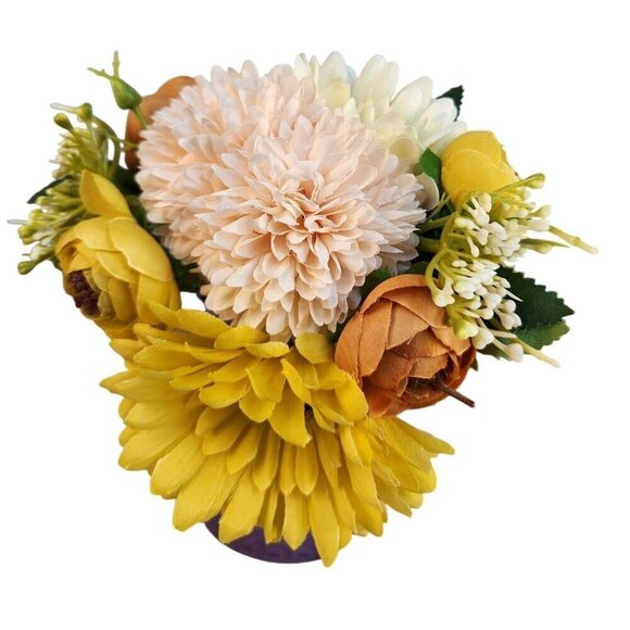 Spring Artificial Yellow & Peach Flowers In Purple Diamond Pattern Glass Vase - Picture 4 of 9